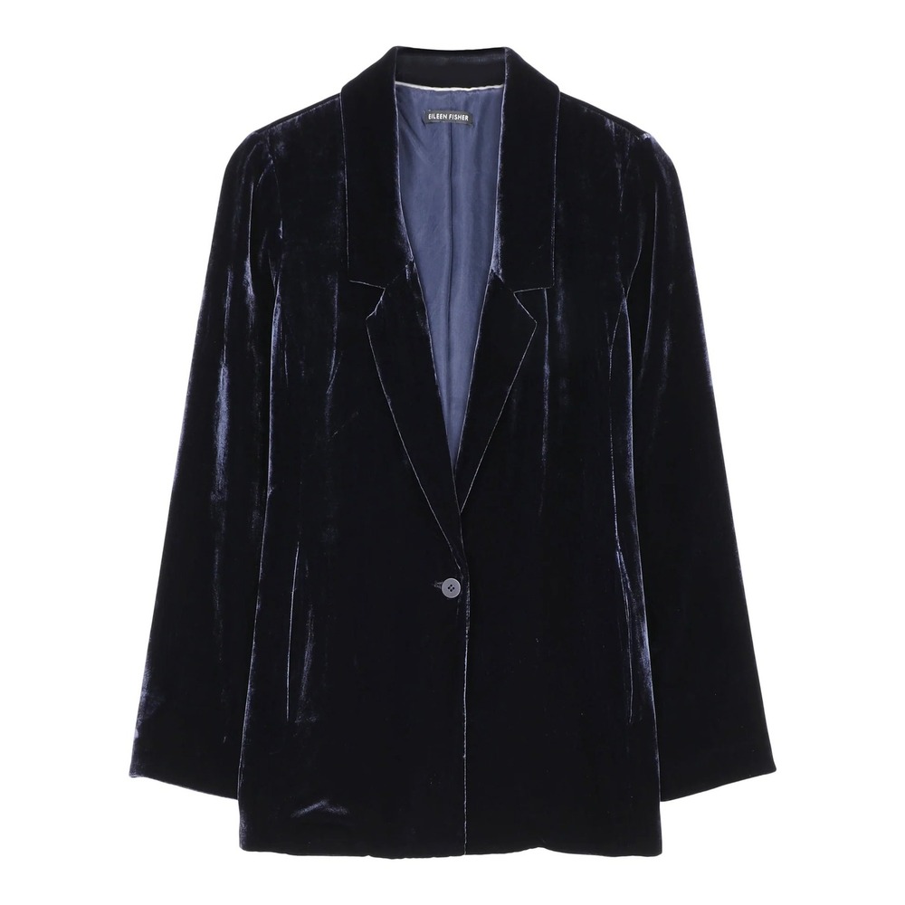 Eileen Fisher Midnight Blue Velvet Silk Blend Blazer Navy Longline Jacket Medium - Picture 1 of 9
